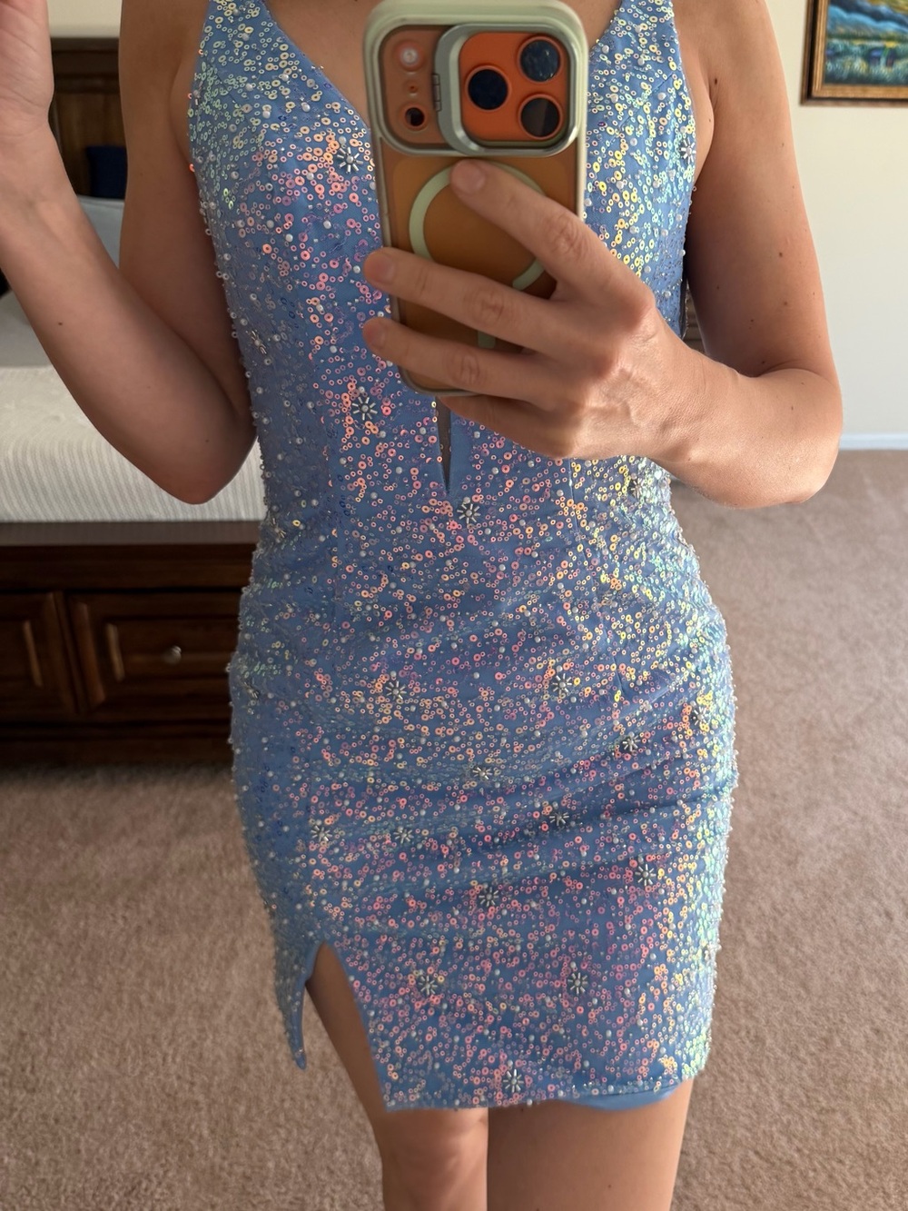 Iridescent Sequin Baby Blue V-Neck Mini Dress